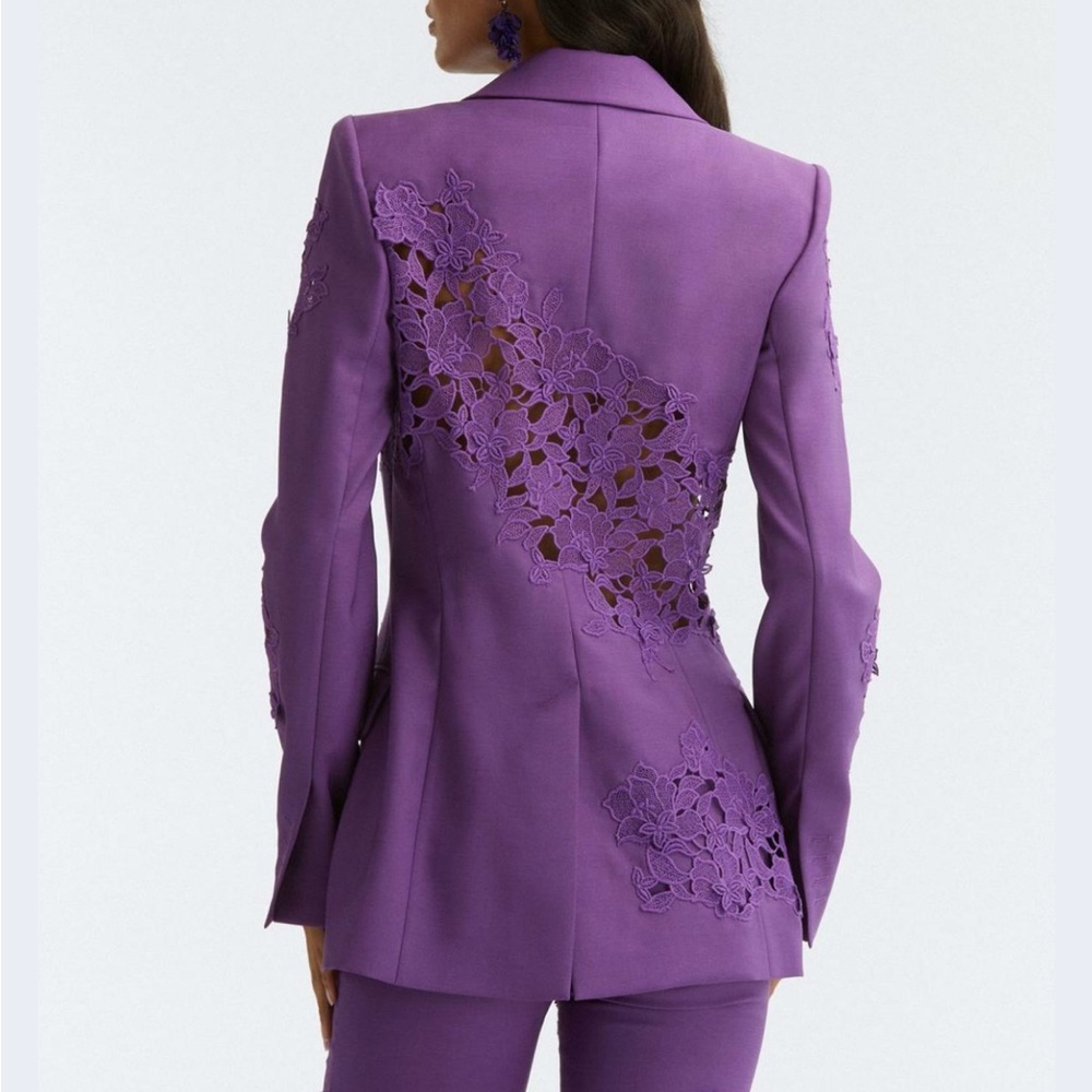 Oscar de la Renta purple virgin wool guipure embroidered flower  jacket blazer - Picture 4 of 4